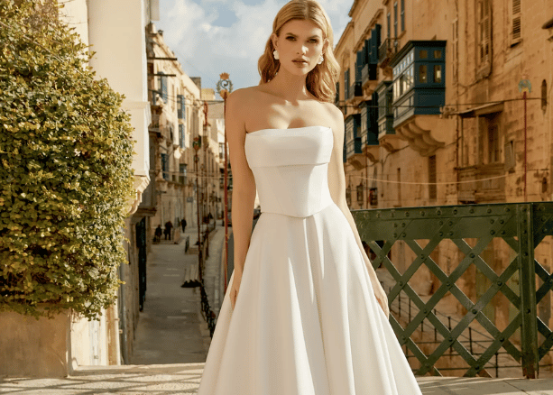 Bride wearing a minimalist strapless A-line wedding dress on a city street