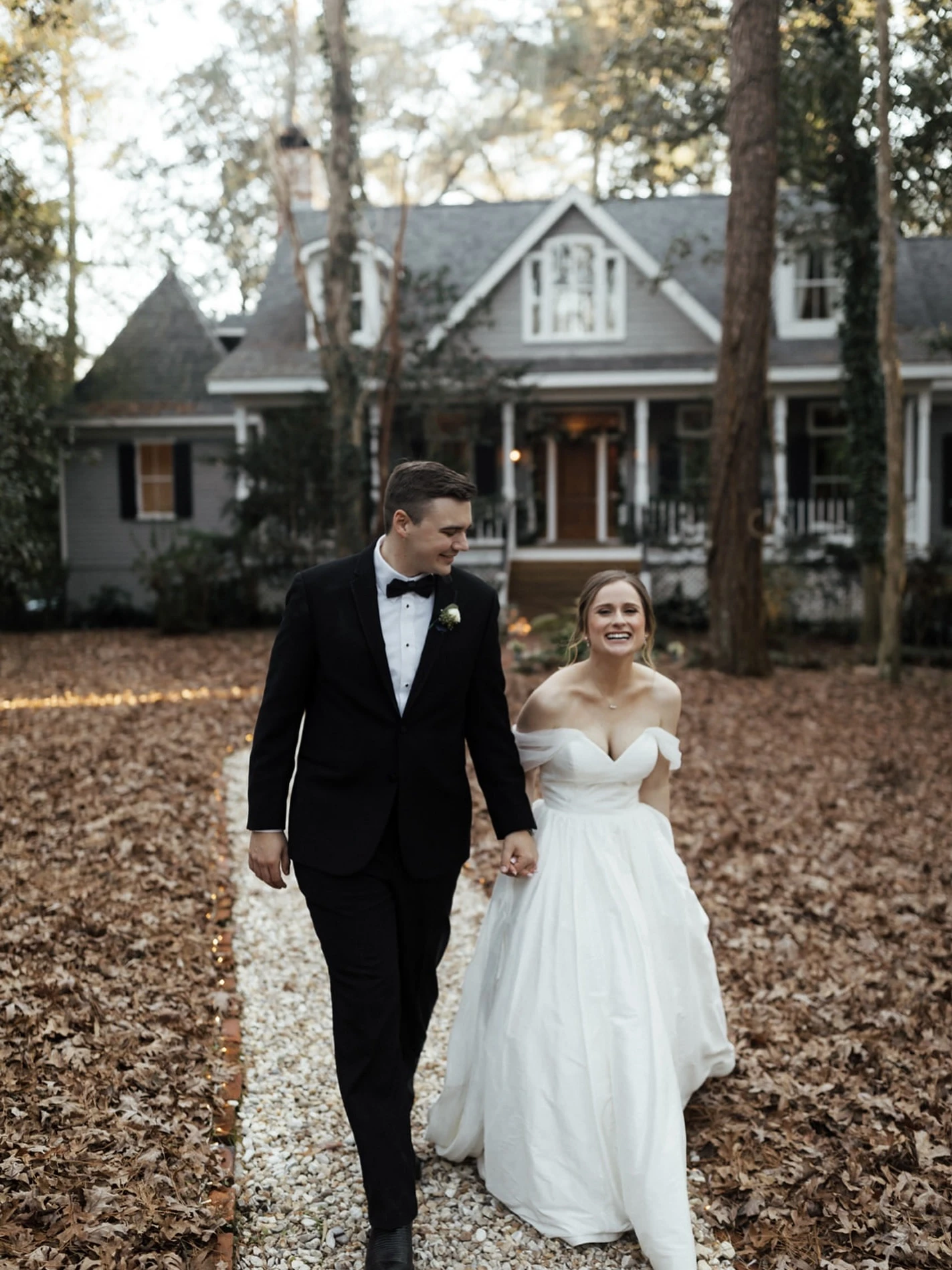 Bride in an off-shoulder white wedding gown