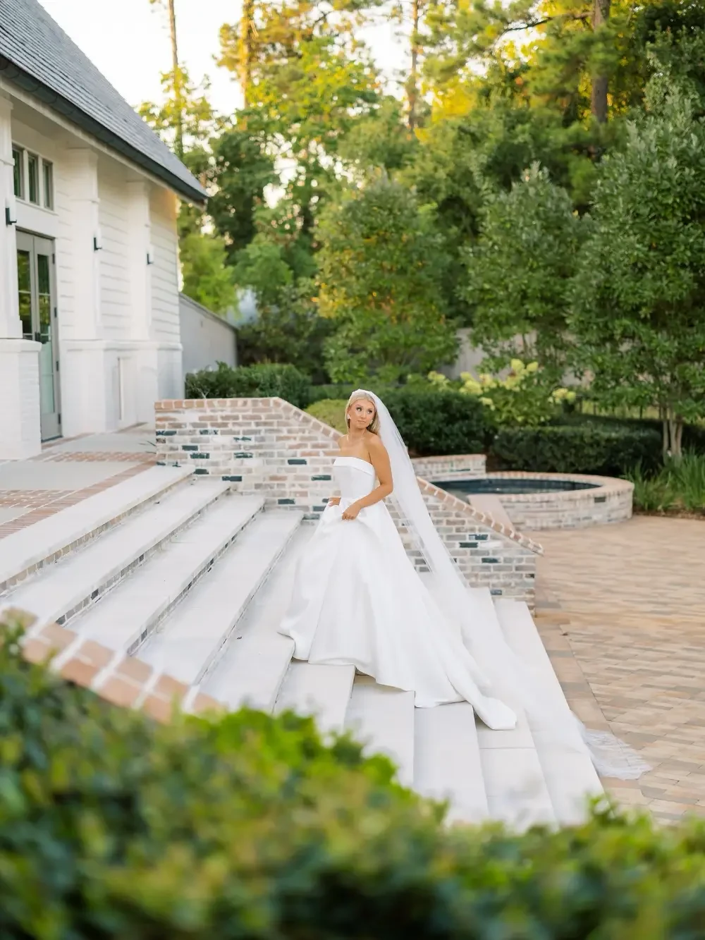 Bride in a white strapless wedding dress