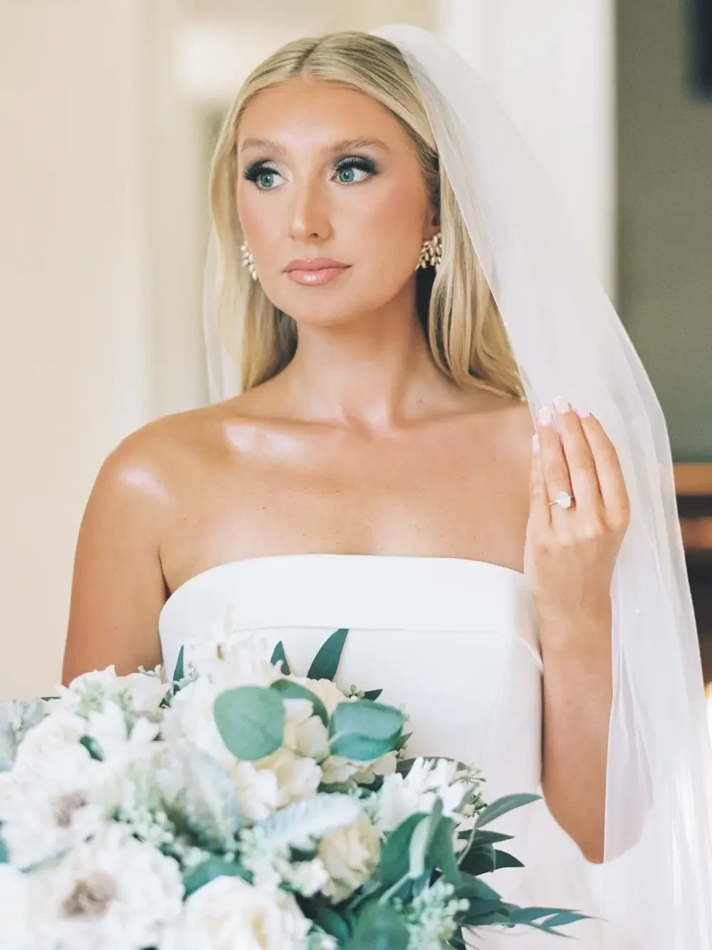 Bride in a white strapless wedding dress