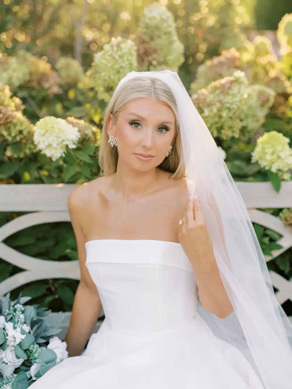 Bride in a white strapless wedding dress